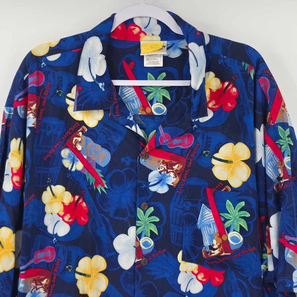 Walt Disney World Mens XXL Rayon Hawaiian Shirt Mickey Donald Goofy Blue aloha
